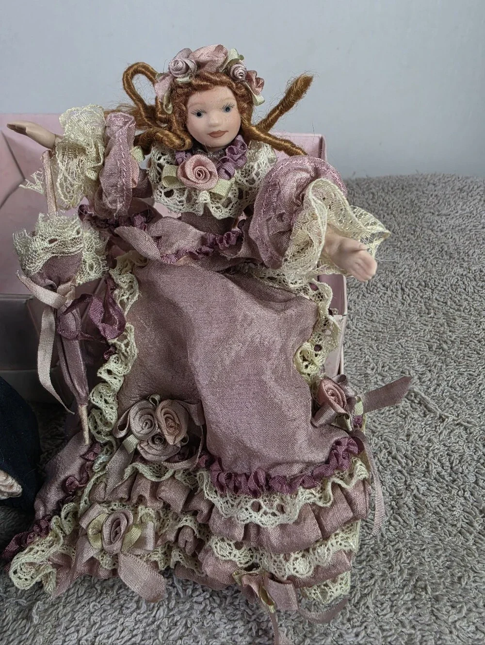 Decorative Porcelain Doll - Pink, Navy & Mauve Victorian Style Set